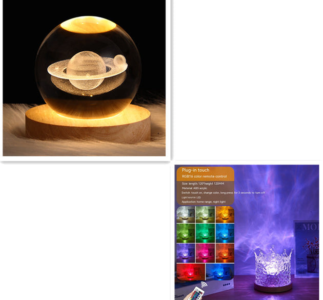 LED Water Ripple Ambient Night Light USB Rotating Projection Crystal Table Lamp RGB Dimmable Home Decoration 16 Color Gifts